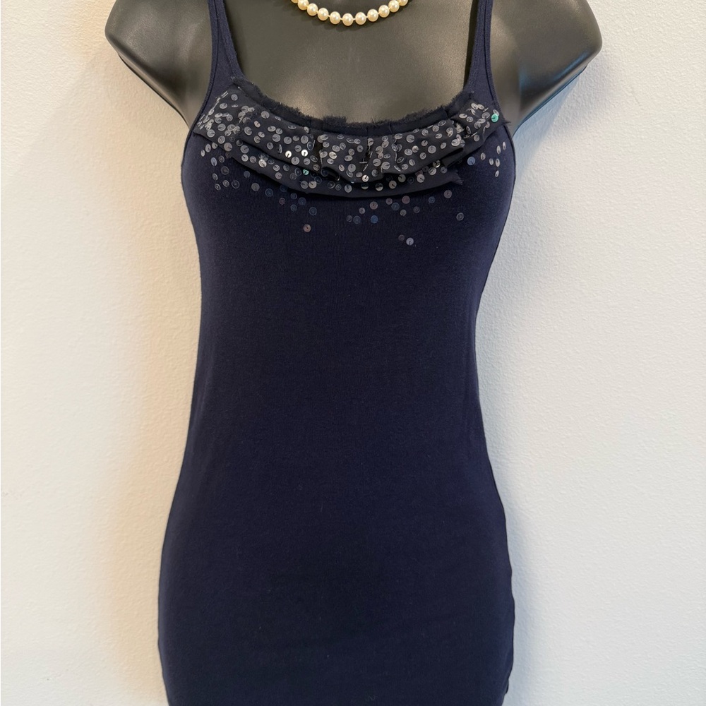 Vintage J. Crew Embellished Navy Tank Top/Cami w/ Sequin Ruffles Size S